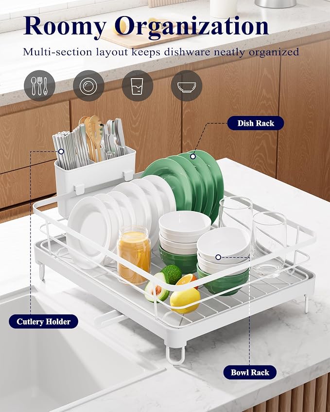 Kitsure Dish Drying Rack for Kitchen Counter, 12.7''W x 16.7''L, White | Stainless Steel Sink Organization, Cutlery Holder, Home and Appartment Decor