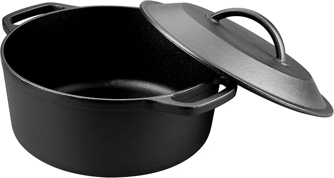 Pre-Seasoned Cast Iron Dutch Oven with Lid, Round and Dual Handles, for Stovetop, Camping, Grill, Induction, Electric, Black, 3 qt