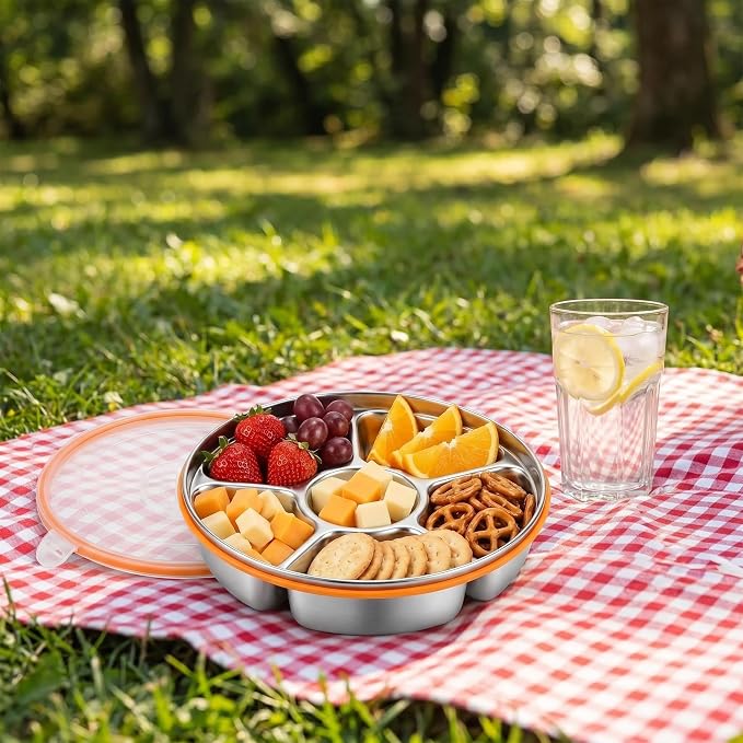 Divided Serving Tray with Lid, Fruit Tray with Lid for Home Party | Food-grade stainless steel divided serving tray with lid, leakproof, easy clean, for families, fruit, parties & picnics.