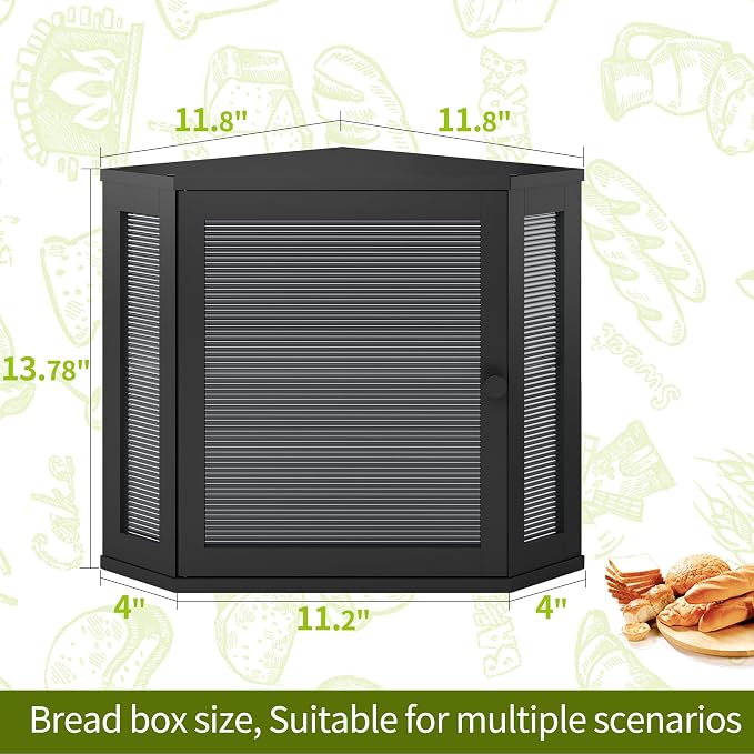 BMOSU Corner Bread Box for Kitchen Countertop Double Layer Bamboo Wooden Bread box Large Capacity Bread Storage Bin(Black, Medium)