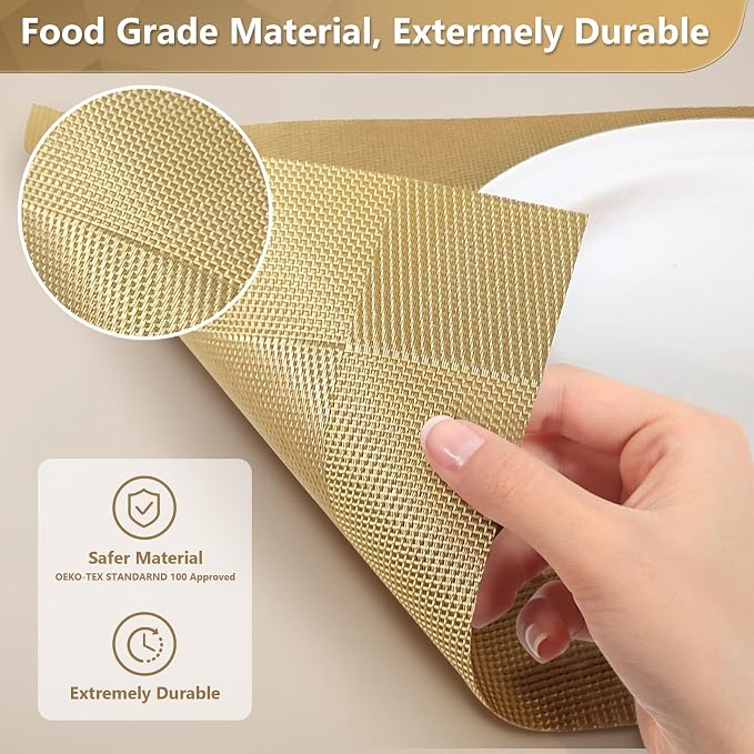 Placemats, Placemats Set of 6, Table Place Mats for Kitchen Dining, Heat-Resistant Anti-Skid Stain Washable PVC Table Mats, Easy to Cleaning Woven Vinyl Dinner Mats (Gold)