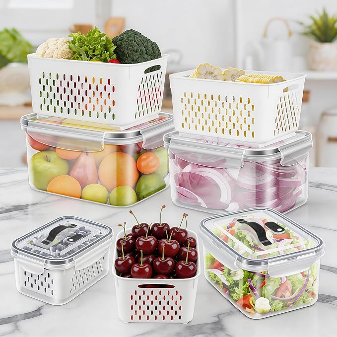 5 Pack Fridge Fruit Storage Containers with Colander, Vent and Handle | BPA Free Plastic, Airtight Stackable Refrigerator Organizer Bins for Berry, Meat, Vegetable
