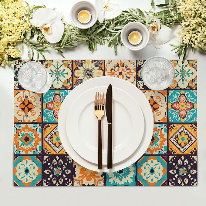 Boho Floral Placemats Set of 4, Retro Flower Geometric Place Mat Bohemian Floral Cloth Tablemats Non-Slip Washable Tabletop Mat 12x18 Inch for Indoor Outdoor Dining Party Table Decor