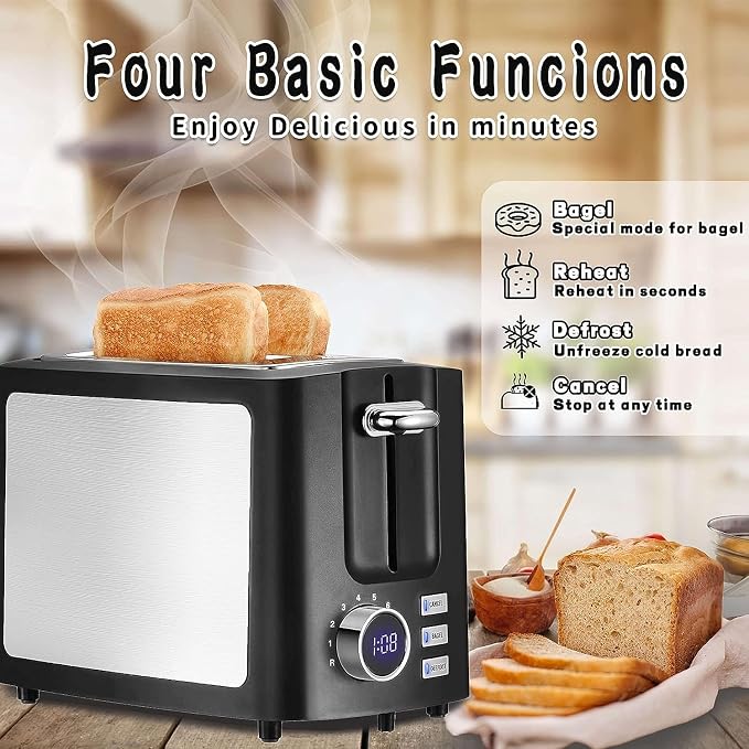 Toaster 2 Slice Wide Slot Toaster Best Rated Prime Display Smart Toasters with LCD Digital Countdown Timer and Bagel/Defrost/Cancel/Reheat Function