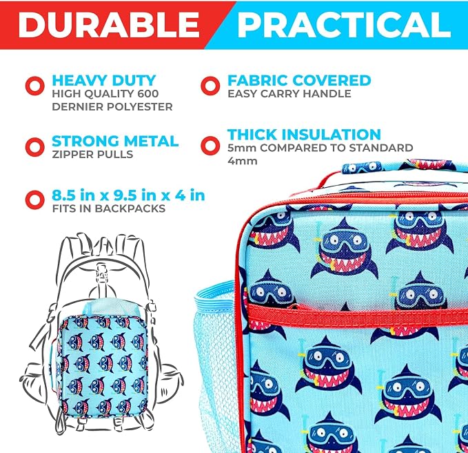 kinsho Bento Lunch Box Insulated Bag, Water Bottle & Ice Pack Set for Kids Toddlers, 4 Portion Sections, Removable Tray, Pre School Kid Toddler Daycare Lunches, Snack Container, Cute Blue Shark
