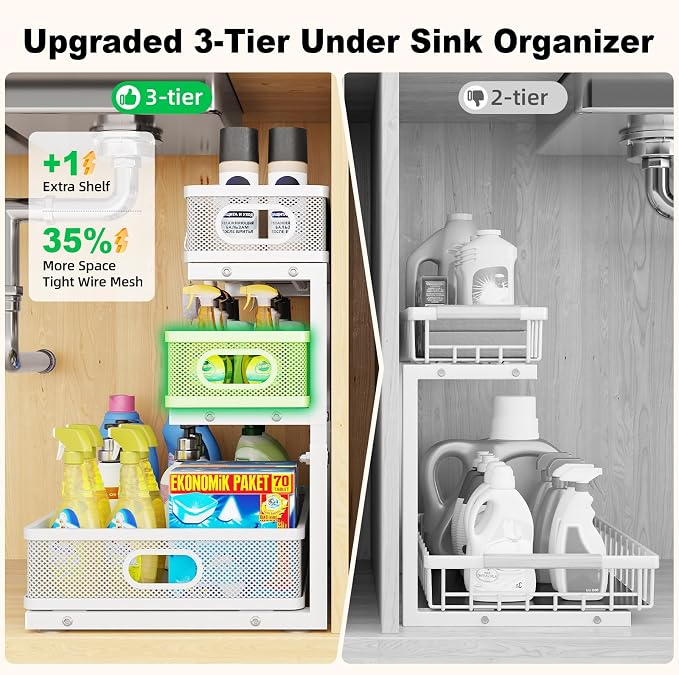 2 Pack Under Sink Organizer,3-Tier White Metal Pull Out Kitchen Cabinet Organizers,Slide Out Undersink Storage Drawers,Under The Sink Organization and Storage, Bathroom Shelves for Pantry,Laundry Room