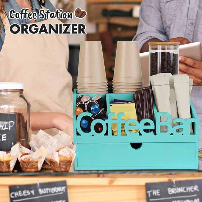 Coffee Bar Organizer Countertop, Wood Coffee Station, Drawer, Turquoise | K-Cups, Tea Bags, Sugar Packets & Creamers