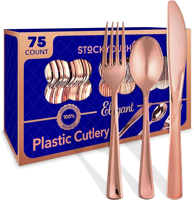 75-Pcs Heavy Duty (Rose Gold) Plastic Silverware Set, Disposable Cutlery Set, Great for Parties, Weddings, and Catering, Flatware Utensils Included: 25 Forks, 25 Spoons, 25 Knives, Stock Your Home