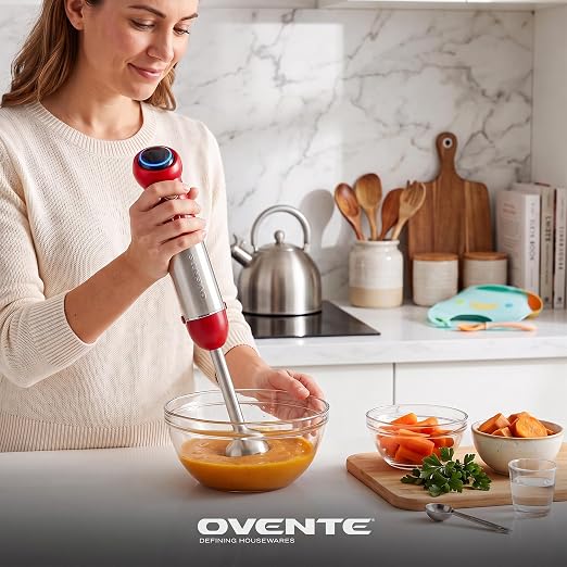 OVENTE Cordless Immersion Hand Blender, 300W Rechargeable Red HR995R | Handheld Portable Mixer with Speed Pulse Activating Sensor and Stainless Steel Blades for Smoothies, Shakes, or Baby Food