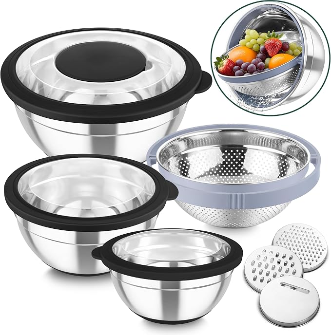 TeamFar Mixing Bowls with Colander, Stainless Steel Salad Bowls, Black | 4.6/ 3/ 1.5 QT Nesting Bowls Rotatable Fruit Strainer, with Lids & 3 Graters, Non-Slip Bottom & Visible Lid, Dishwasher Safe
