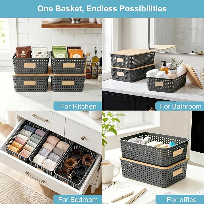 4 Pack Plastic Storage Bins with Bamboo Lids, 6.2qt Stackable Storage Organizer Box with Lable for Pantry Shelves Drawers Desktop Office, 12"L x 8.3"W x 3.5"H, Gray