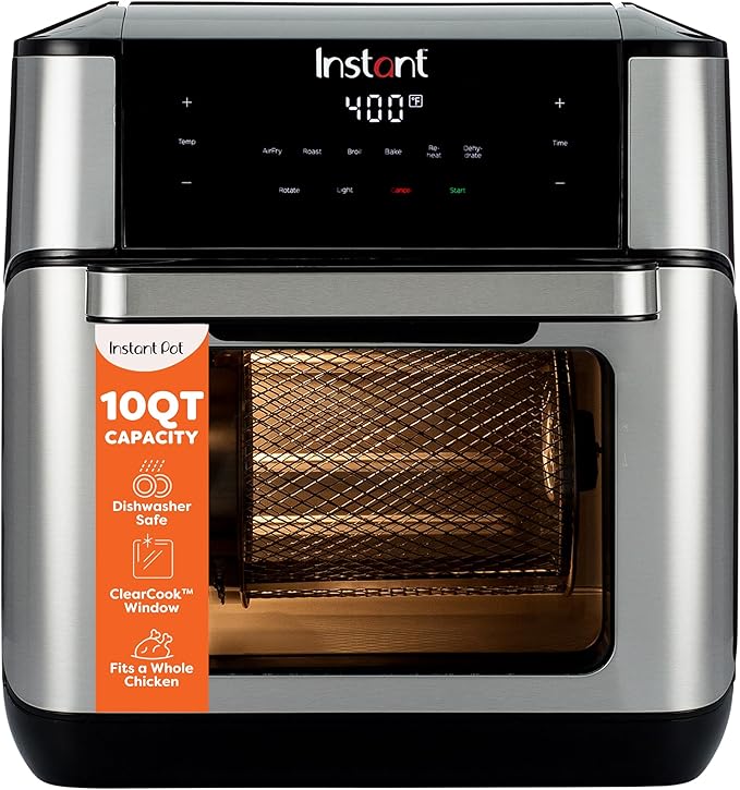 Instant Pot 10QT Air Fryer, 7-in-1 Functions with EvenCrisp Technology that Crisps, Broils, Bakes, Roasts, Dehydrates, Reheats & Rotisseries, Includes over 100 In-App Recipes, Stainless Steel