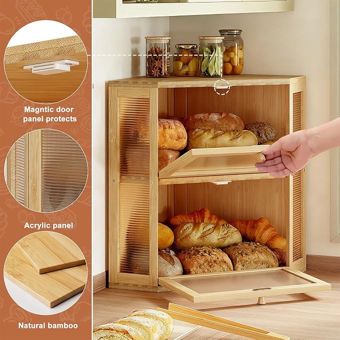 WOWLIVE Double Layer Corner Bread Box for Kitchen Countertop with 2 Doors | Bamboo Bread Storage Container, Large Farmhouse Breadbox with Acrylic Wavy, Under Cabinet Organizer, Natural, Extra Large