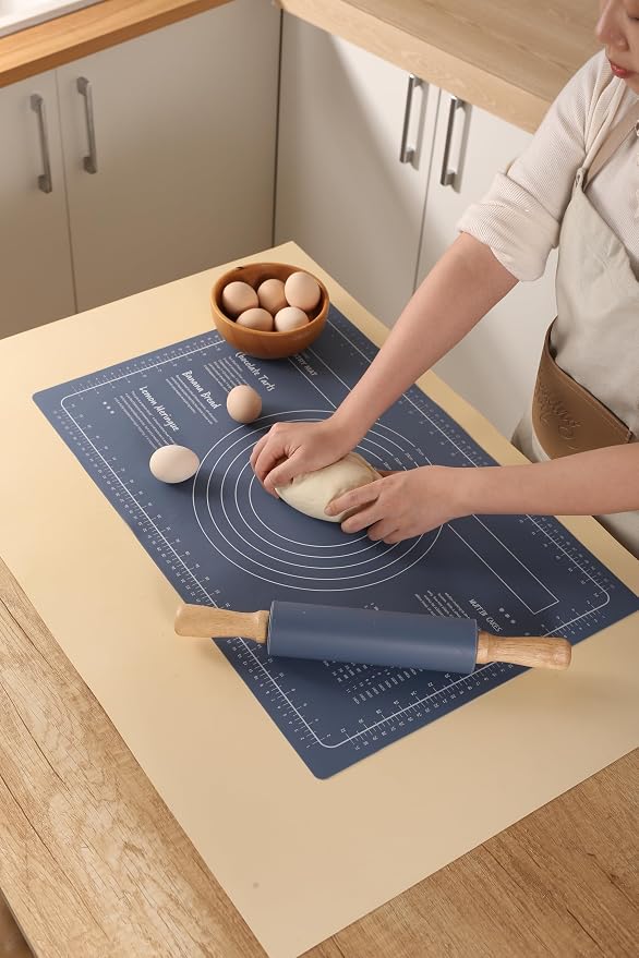 Premium Silicone Baking Mat with Rolling Pin - Non-Stick Silicone Mats for Baking, Reusable & Food Grade- Pastry Dough Mat with Measurement Non-Stick For Dough Rolling