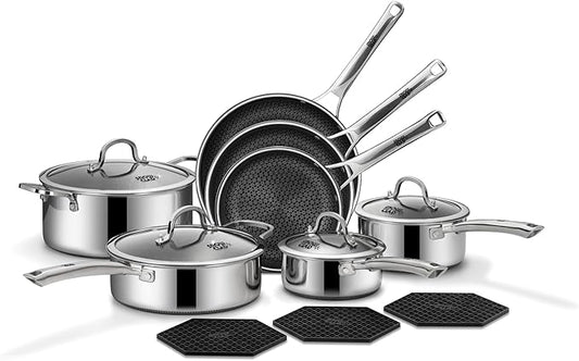 SNOWCLAD Pots and Pans Set Non Stick | Stainless Steel Kitchen Cookware | 14 Pcs | PFOA Free | Hybrid | Induction Compatible | Frying Skillet, Saucepans, Saute Pan & Stock Pot