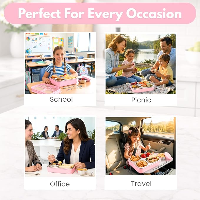 Homaze Kids Adults Stainless Steel Bento Box, 4-Compartment Metal Lunch Box