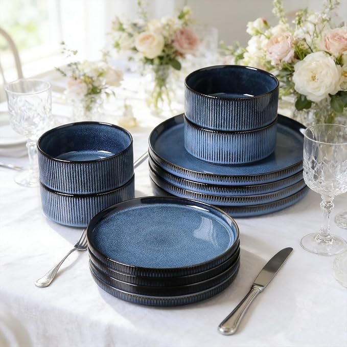 Stoneware Dinnerware Sets for 4, 12Pcs Plates and Bowls Set, Midnight Blue | Handmade Reactive Glaze Ceramic Dishes, Microwave and Dishwasher Safe, Modern Minimalist Ribbed Tableware for Everyday Use