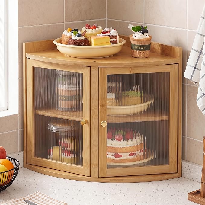 Baveke Bread Box for Kitchen Countertop, Corner Bread Box & Bamboo Breadbox, Large Bread Storage with Double Layer, Vintage Storage for Homemade Bread, Natural