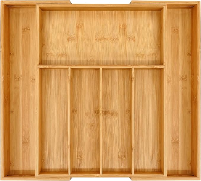 VaeFae Bamboo Drawer Organizer, Large, Natural | Expandable Silverware Organizer, Kitchen Utensil Storage, Wooden Cutlery Tray with Dividers, Fork and Spoon Holder