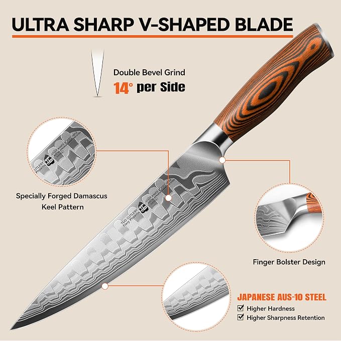 TUO 8" Chef Knife in Japanese Steel AUS-10, 67 Layers Damascus Kitchen Knife, High Carbon Steel Blade with Dragon Pattern & Pakkawood Handle