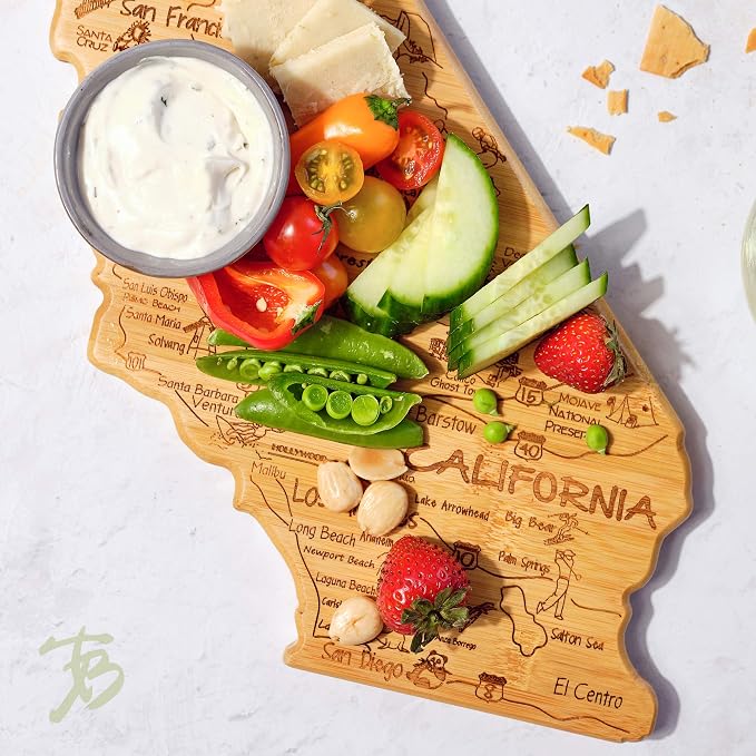 Totally Bamboo Destination California State Shaped Cutting Board | State charcuterie serving board with engraved map artwork. Smooth reverse side for food prep. Hang tie for wall display.
