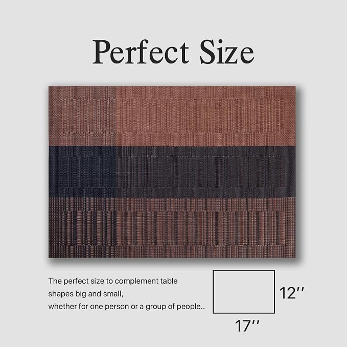 Placemats Set of 8 - Easy Clean Woven Vinyl Placemats for Dining Table, Indoor/Outdoor Place Mats, Washable PVC Table Mats （Ombre Brown Black）