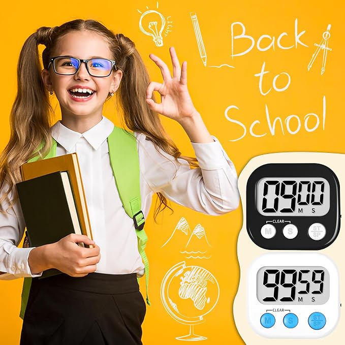 ZILLEEN Digital Kitchen Timers for Cooking Kids Black White 6 Pack | Strong Magnetic, Large Screen, Big Button, Timers for Kids Classroom Cooking Egg Teacher Exercise Study