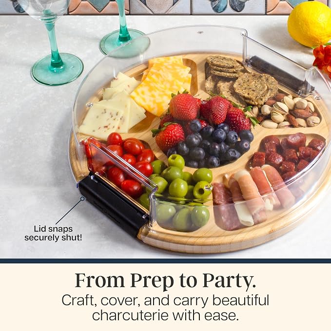 Totally Bamboo Flip, Serve & Store Reversible Charcuterie Board with Lid | Round portable serving board with 5 compartments and locking travel cover. Cutting side includes juice groove for prep.