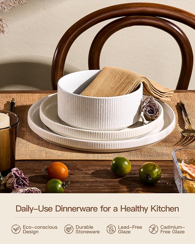 Ceramic Dinnerware Sets for 4, 8-Piece Flat Dinner Plates and Salad Plates | Famiware Premium Stoneware Dishes, Chip & Scratch Resistant, Microwave & Dishwasher Safe, Everyday & Serving Use, Matte White