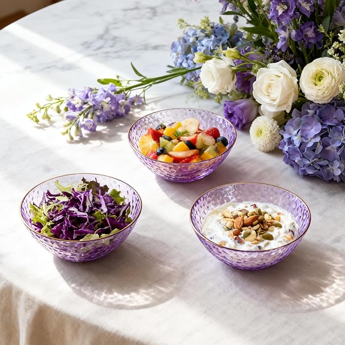 Rubtlamp 30 Pack Clear Purple Disposable Bowls, Clear Plastic Bowls with Gold Rim, 12-16oz Premium Heavy Duty Plastic Dessert Bowls, Purple Disposable Bowls, for Party