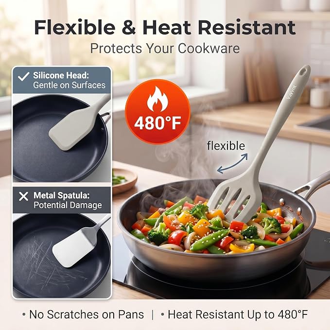 Vayvnt Silicone Kitchen Utensils Set, 10PCS Heat Resistant Utensils, Khaki | Dishwasher Safe, Non-toxic, Food Grade Silicone Cooking Utensils Set for Non Stick Cookware, Kitchen Essentials, Spatula Tong