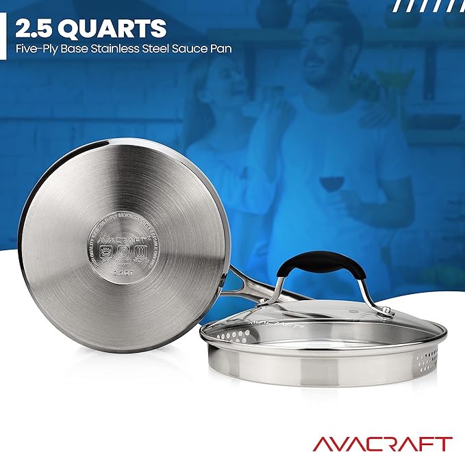 AVACRAFT 2.5 Quart Stainless Steel Saucepan with Glass Strainer Lid | 18/10 Stainless Steel, 5-Ply Capsule Base, Dual Pour Spouts, Induction Compatible, Ergonomic Handle, Dishwasher Safe