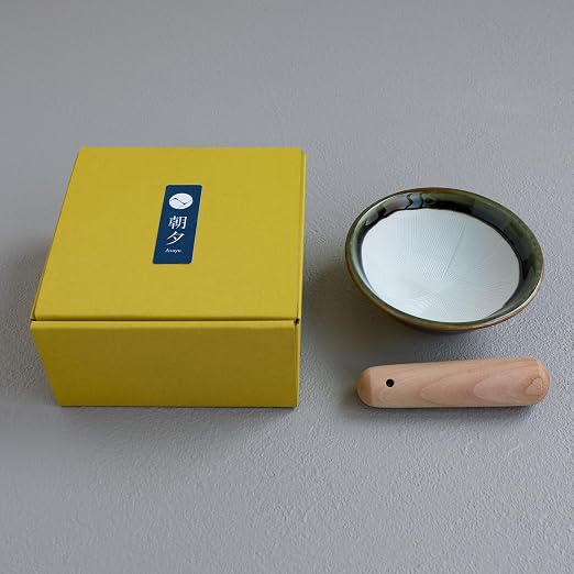 Asayu Japan Ceramic Mortar Bowl 4.29in (109mm) with Wooden Pestle, Made in Japan Dishwasher and Microwave Safe Ripple Ridge Suribachi and Surigoki Set - Olive Green Mortar and Pestle Set