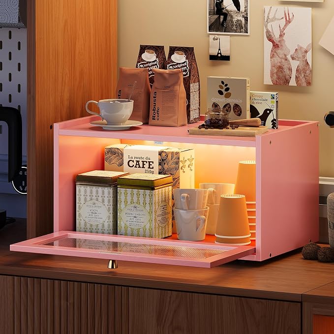Trironsun Bamboo Bread Box with Led Light for Kitchen Counter Large Capacity Bread Storage Container Kitchen Countertop Organizer with Window Bread Holder (Pink)