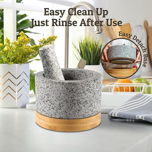 PriorityChef Heavy Duty Mortar and Pestle Set with Bamboo Base, 100% Natural Granite Stone Grinder, Guacamole Bowl and Masher, 1.5 Cups, Grey