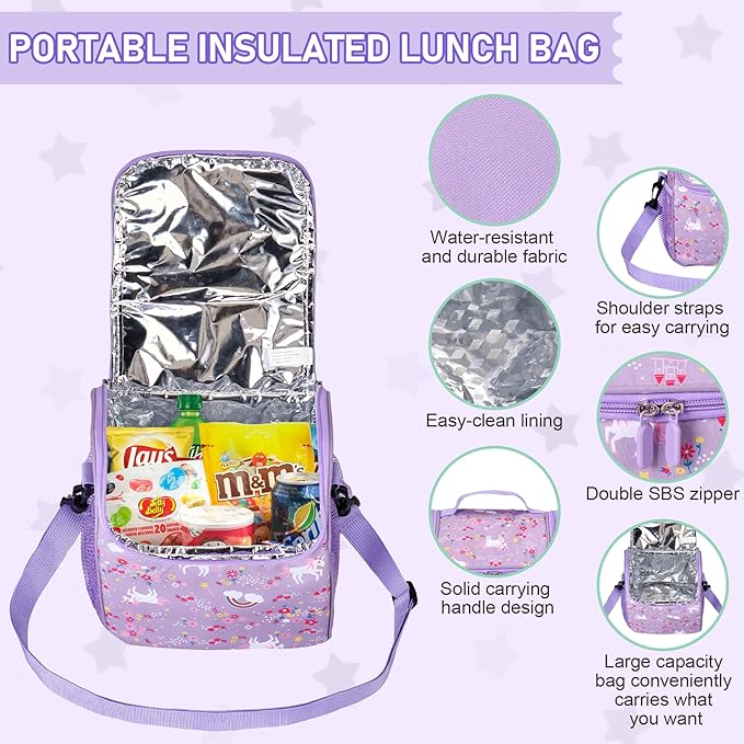 Bento Lunch Box for Kids with 17oz Soup Thermo,Insulated Tumbler Water Bottle and Insulated Lunch Bag,Leak-Proof 3 Compartment Lunch Food Container with Ice Pack for Kids to School-Horse