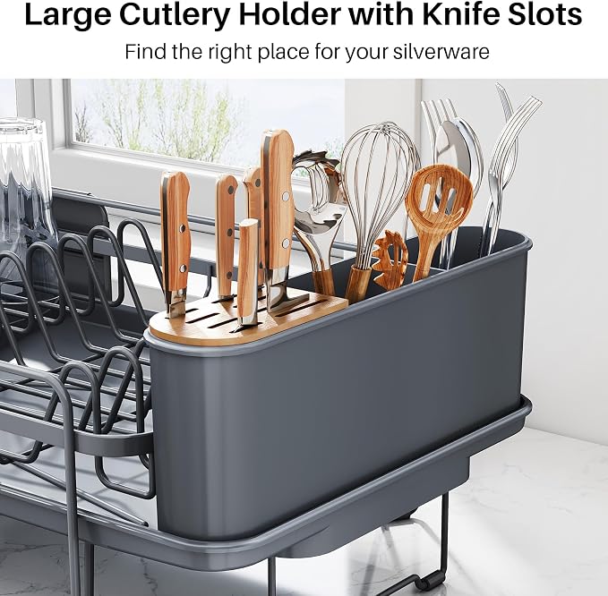 SNTD Large Dish Drying Rack for Kitchen Counter, Expandable, Grey | Stainless Steel Dish Drainer, Adjustable Length 18.9''-29.3'', Automatic Drainage, 360° Spout, Cutlery Holder with Knife Slot