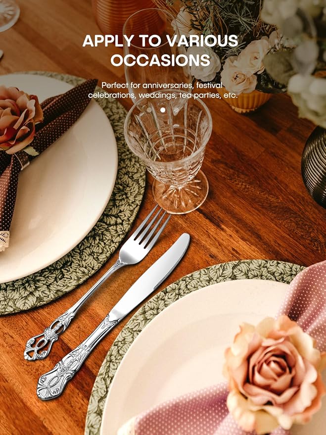Stapava 30 Pcs Gorgeous Retro Royal Silverware Set, Stainless Steel Cutlery Flatware Set for 6, Include Forks Spoons and Knives Set, Mirror Polished Utensils Set, Dishwasher Safe