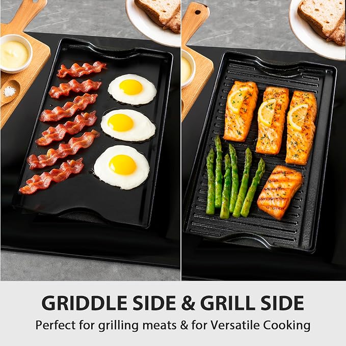 Utheer Reversible Griddle Kit, 16.5 x 10.5 Inch Cast Iron Flat Top | Includes scratch-safe nylon tools, dual-sided cooking surface works for stovetop, gas grill, camping and BBQ