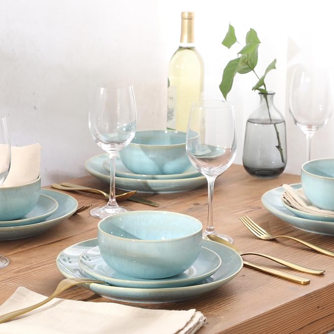 Gibson Elite Pine Coast Plates and Bowls Sets, 12-Piece Stoneware Dinnerware Sets, Reactive Glaze Dish Set - Blue