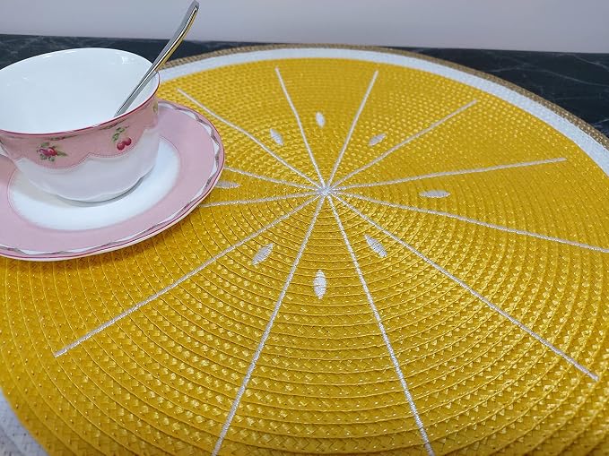 Zupro Round Lemon Yellow Placemats Set of 4 Braided 15" Indoor/Outdoor Use | Embroidery Motif Heat Resistant Non-Slip Washable,for Kitchen Dining Tables Dinner Parties holiday and Everyday Use