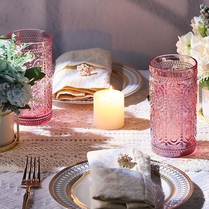 Darlion Vintage Glassware, Pink Glasses Drinking, 12oz Highball Glasses | Lead-Free Glass, Food Grade Glass, Durable&Sturdy, Vintage Decoration