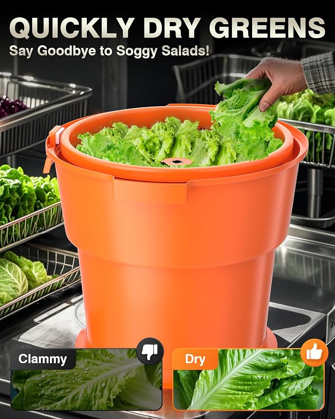 WantJoin Commercial Salad Spinner - [6 Gallon Salad Dryer] w/Silicone [Anti-slip Mat] & [Draining Hose], 24Qt Manual Salad Spinner for up to 7 Heads of Lettuce Spinner Large for Catering, Orange