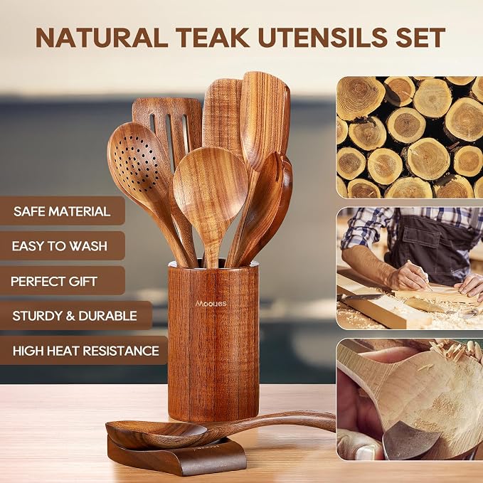 Mooues Wooden Kitchen Utensil Set, 9 Piece Natural Teak with Spoon Rest | Wooden Cooking Utensils with Comfort Grip, Smooth Durable Heat Resistant Cooking Spoons and Utensils Holder for Cooking