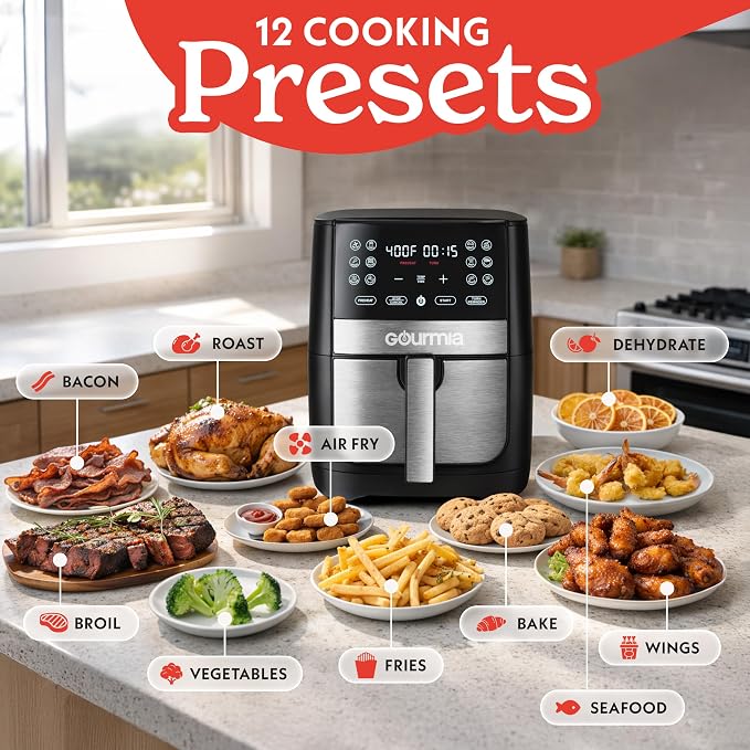 Gourmia 8 Qt Digital Air Fryer GAF826 – XL Capacity with 12 One-Touch Presets, Nonstick Dishwasher Safe Basket, Oil-Free Cooking, ETL-Certified, Sleek Black Finish