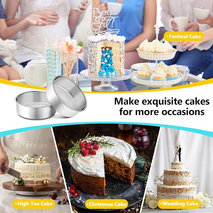 P&P CHEF 6 Inch Cake Pan Set of 2, Stainless Steel Round Baking Cake Pans | For Baking Serving, Non Toxic & Healthy, Leak-proof & Easy Clean, Mirror Finish & Easy Releasing, Oven & Dishwasher Safe
