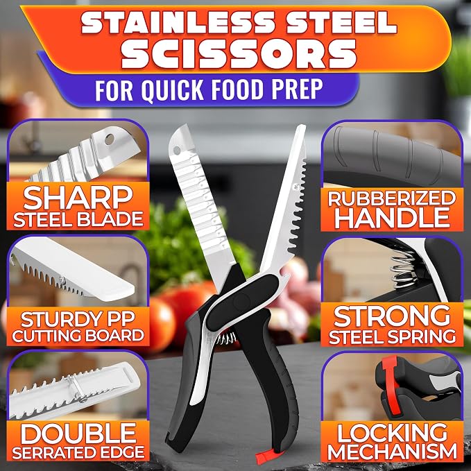 6 in 1 Cutting Board Scissors for Food, Detachable Knife | Cheese Scissors with Built-In Fish Scaler, Bottle Opener and Safety Lock; Dishwasher Safe, Ribbed Blade for Meat & Vegetables