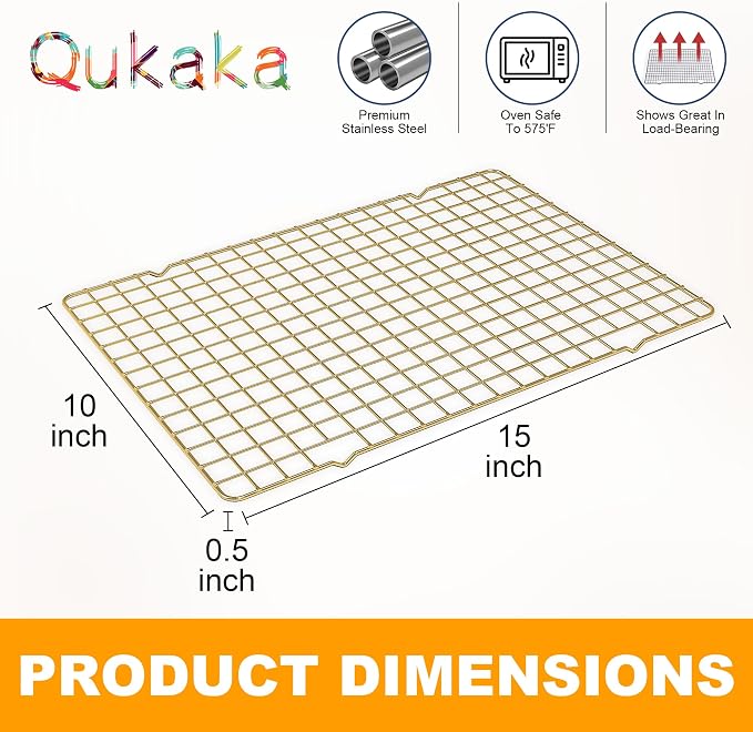 2-Pack Cooling Racks for Cooking and Baking - 10" x 15"Heavy Duty Stainless Steel Wire Rack for Baking, Grilling, Roasting - Oven & Dishwasher Safe - Fits Jelly Roll Sheet Pan（Gold）