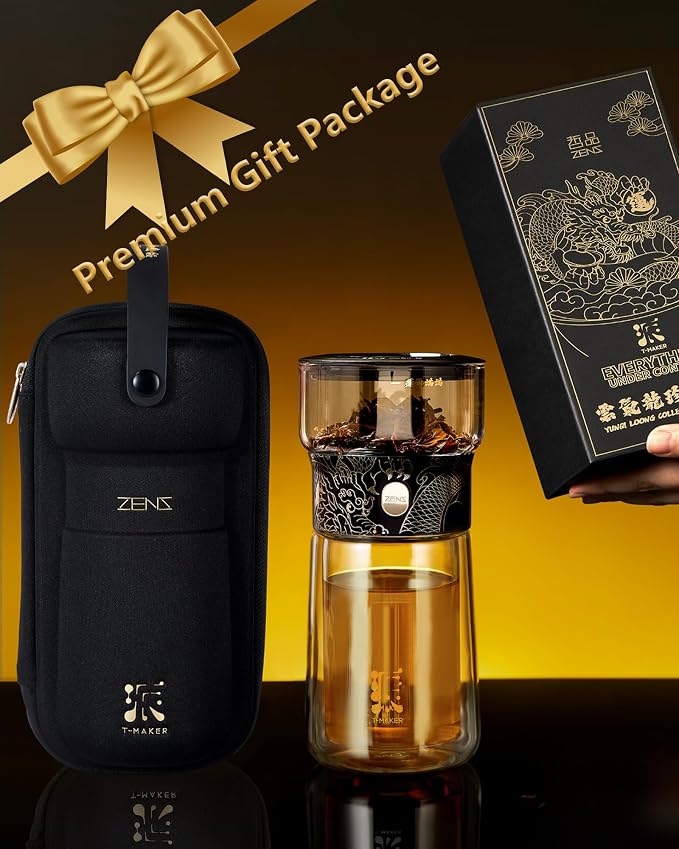 ZENS Glass Infuser Teapot, Cool One Touch Tea Maker For Loose Tea, Dragon | Modern Tea Diffusers, Magic Tea Pot with 9oz Insulated Mug and Portable Bag for Herbal Tea Lovers Gifts