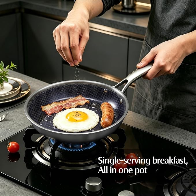 BRASA Nonstick Frying Pan 7.87-inch,Tri-Ply Stainless Steel Skillet,Honeycomb Ceramic Coating, Induction & All Cooktop Compatible,Dishwasher safe (PFOS, PFOA Free) 7.87 in